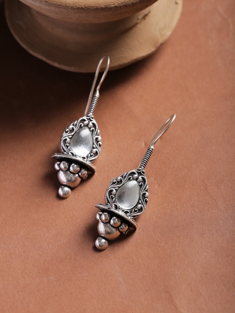 

Infuzze Oxidised Silver-Plated Stone-Studded Teardrop Shaped Drop Earrings