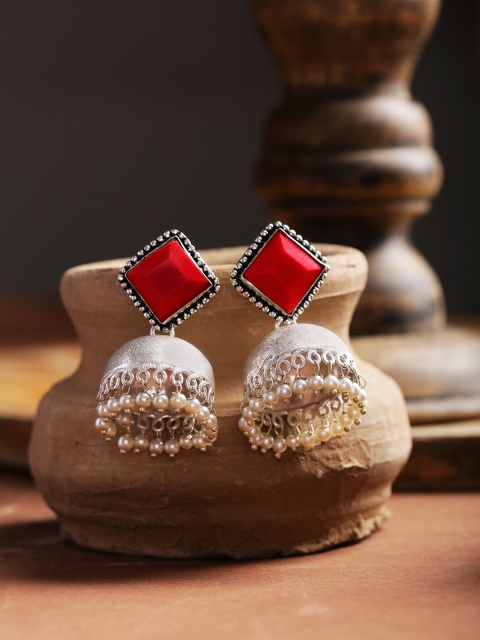 

Infuzze Red Oxidised Silver-Plated Stone-Studded Handcrafted Dome Shaped Jhumkas