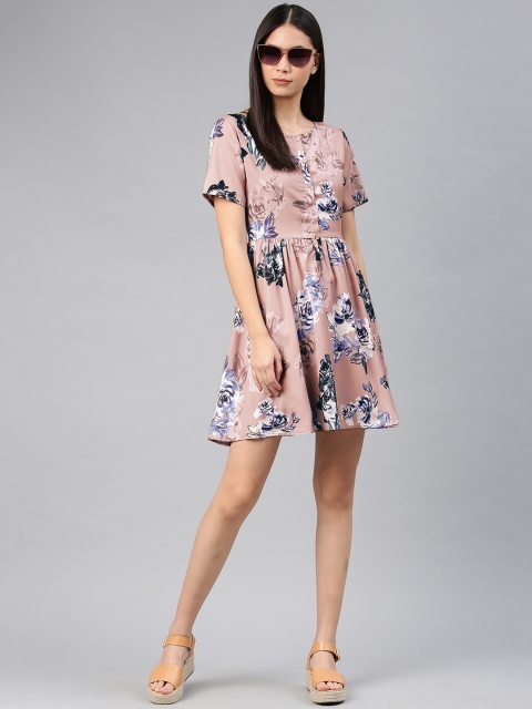

French Connection Women Pink & White Floral Print Fit and Flare Dress