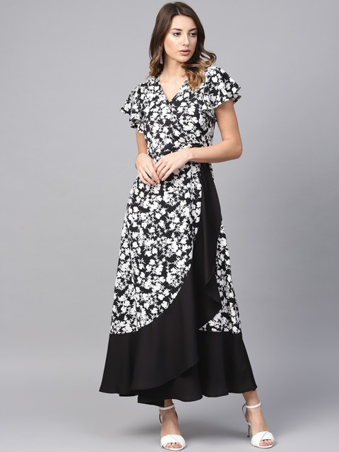 

French Connection Women White & Black Floral Print Wrap Maxi Dress