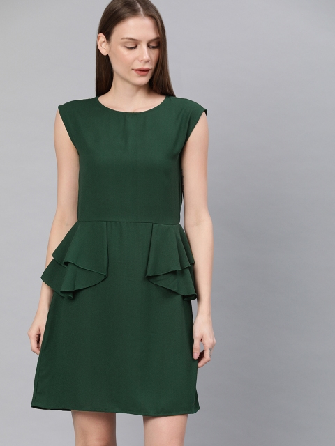 

French Connection Women Green Solid Sheath Dress with Ruffles