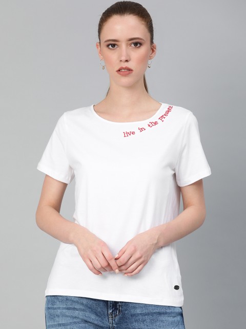 

French Connection Women White Solid Round Neck T-shirt