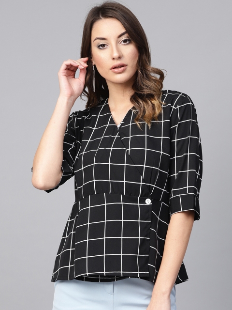 

French Connection Women Black & White Checked Wrap Top