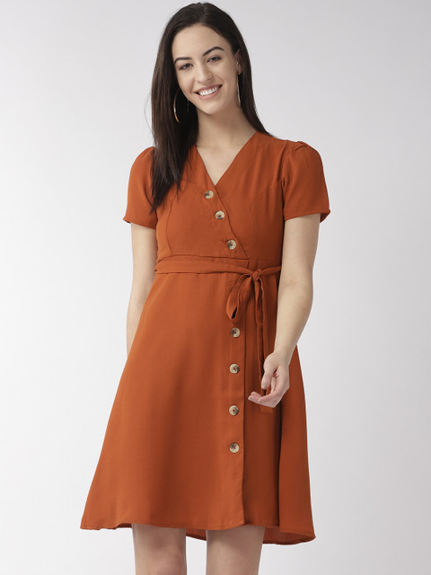 

French Connection Women Rust Orange Solid A-Line Dress With Belt