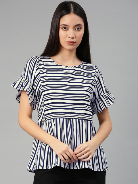 

French Connection Women White Striped Cinched Waist Top