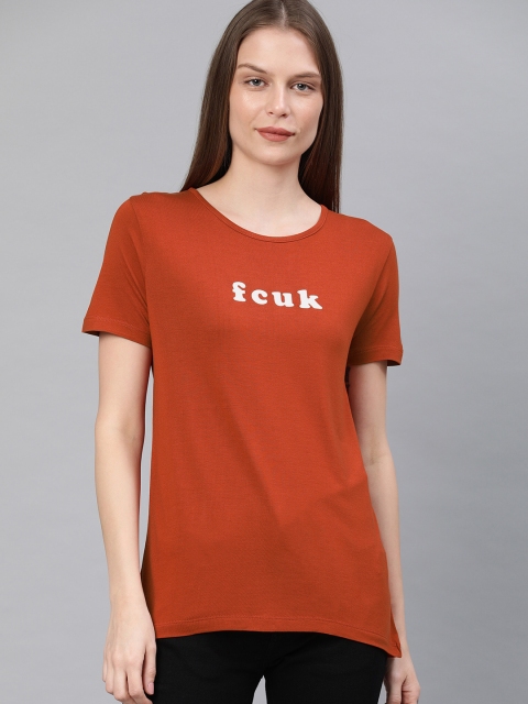 

French Connection Women Rust Orange Printed Round Neck T-shirt