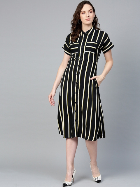 

French Connection Women Black & Off White Striped Shirt Dress