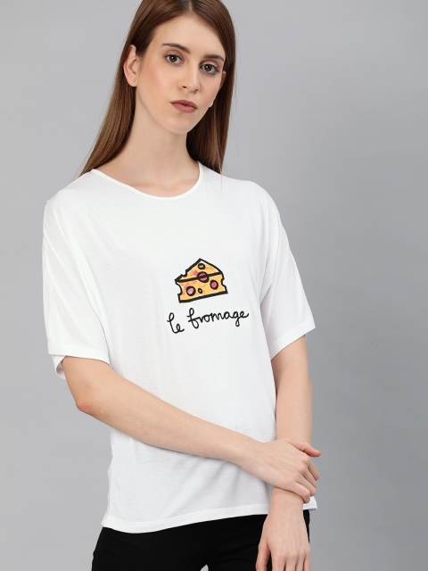 

French Connection Women White Printed Round Neck T-shirt
