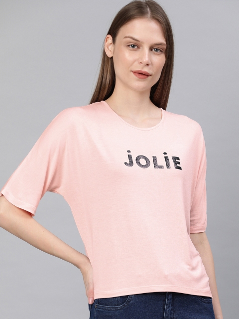 

French Connection Women Pink Sparkle Printed Round Neck T-shirt