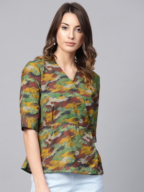 

French Connection Women Green & Mustard Yellow Printed Wrap Top