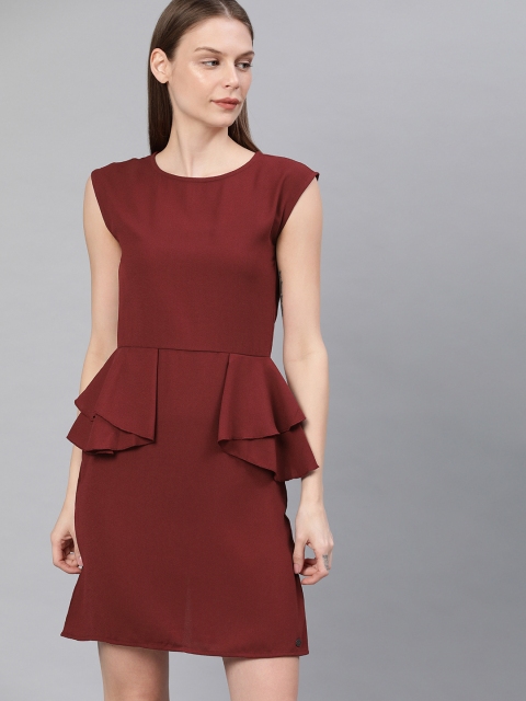 

French Connection Women Maroon Solid Sheath Dress with Ruffles