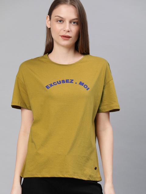 

French Connection Women Lime Green Solid Round Neck T-shirt