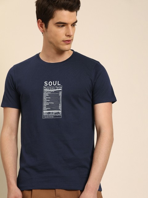 

ether Men Navy Blue Printed Round Neck Pure Cotton T-shirt