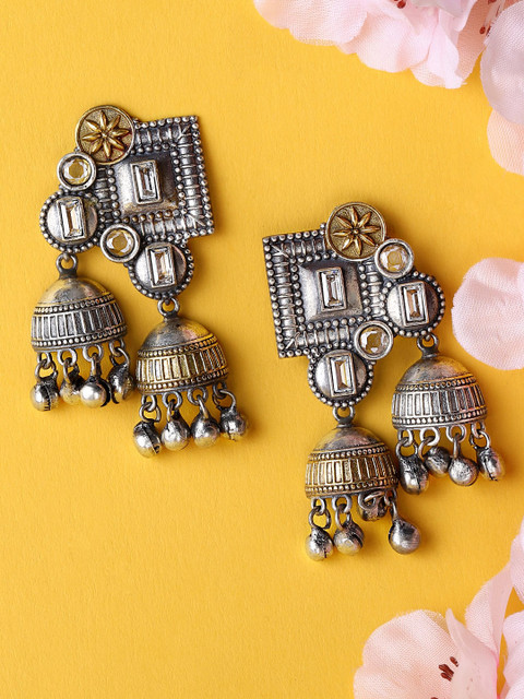 

Rubans Silver-Plated & Gold-Toned Oxidised Classic Jhumkas