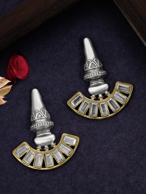 

Rubans Silver-Plated & Gold-Toned Classic Oxidised Drop Earrings