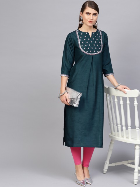 

Varanga Women Teal Blue & Silver Yoke Design Straight Kurta