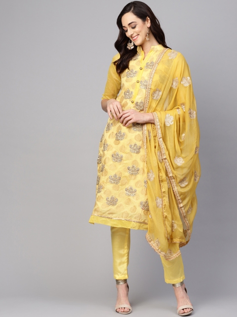

Ishin Women Yellow & Beige Embroidered Kurta with Trousers