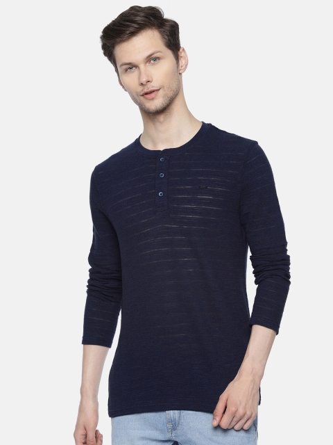 

Lee Men Navy Blue Self Design Henley Neck Pure Cotton T-shirt