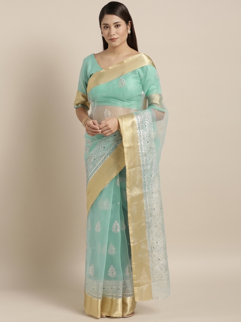 

Kvsfab Turquoise Blue Printed Organza Saree