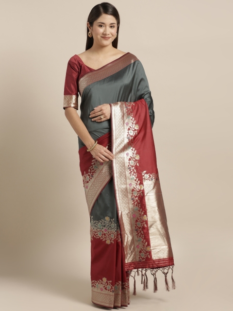 

Kvsfab Grey & Red Silk Blend Colourblocked Saree