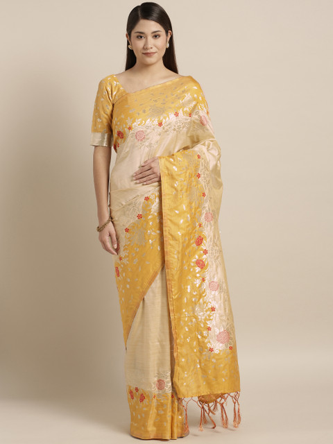 

Kvsfab Cream-Coloured & Yellow Silk Blend Woven Design Saree