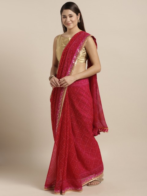 

Kvsfab Pink & Red Poly Georgette Printed Bandhani Saree