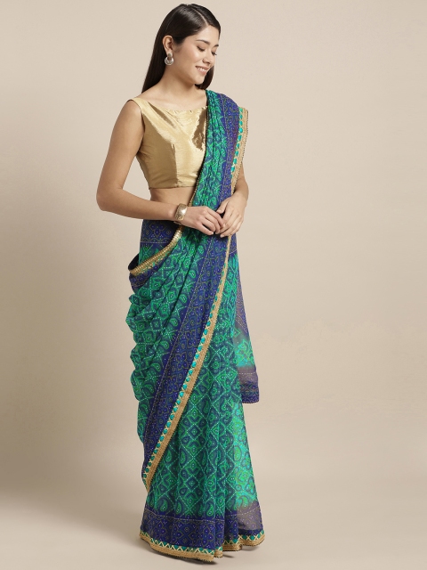 

Kvsfab Navy Blue & Green Poly Georgette Printed Bandhani Saree