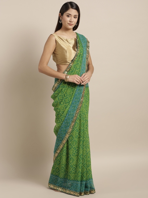 

Kvsfab Green Poly Georgette Printed Bandhani Saree