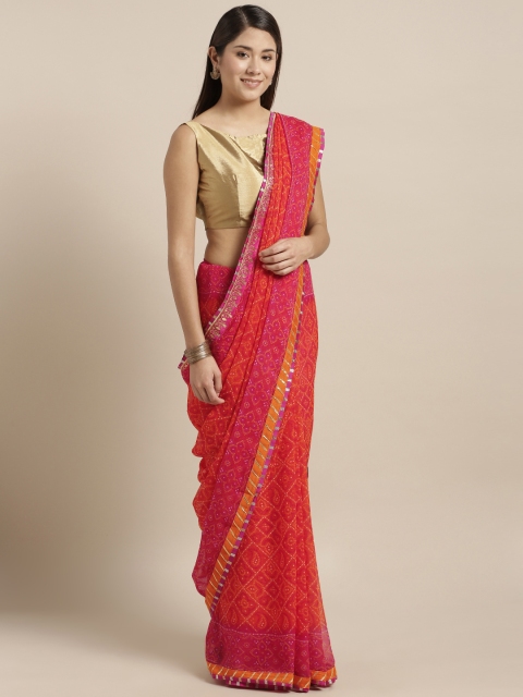 

Kvsfab Pink & Orange Poly Georgette Printed Bandhani Saree