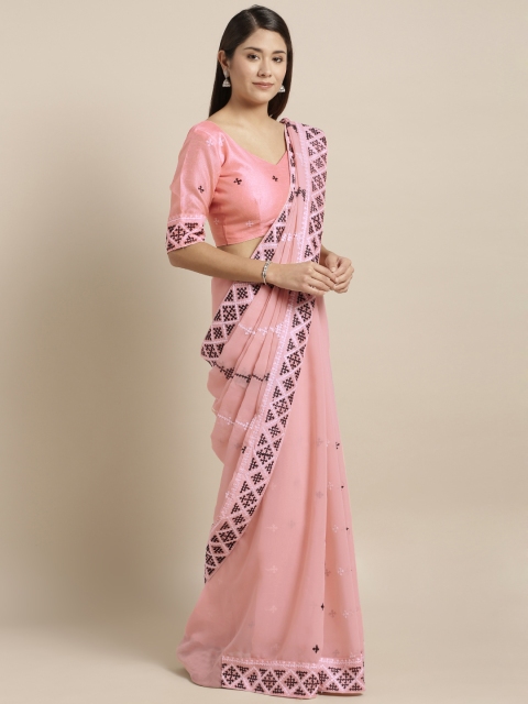 

Kvsfab Pink & Black Poly Georgette Embroidered Saree