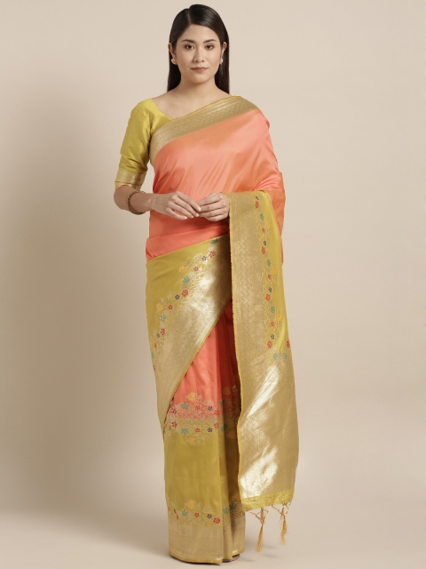 

Kvsfab Peach-Coloured & Yellow Silk Blend Woven Design Saree
