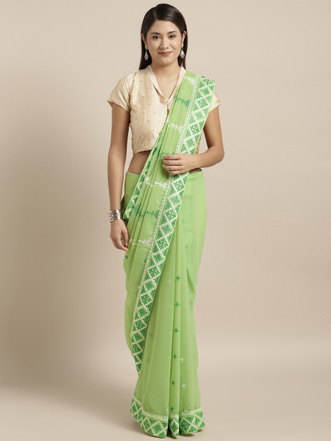 

Kvsfab Green Embroidered Poly Georgette Saree