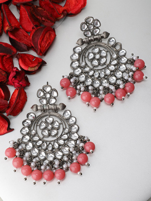 

Rubans Silver-Toned & Pink Handcrafted Floral Chandbalis