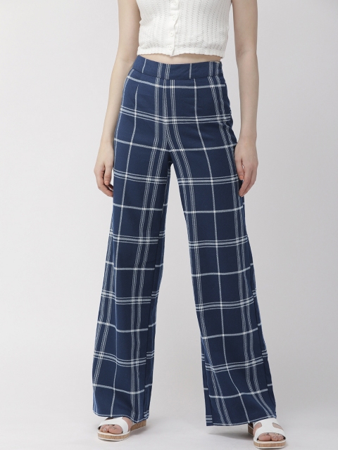

FOREVER 21 Women Navy Blue & Cream-Coloured Checked Bootcut Trousers