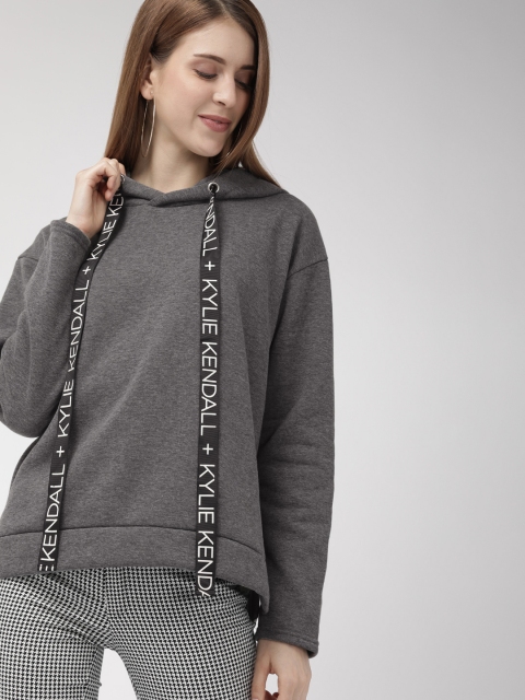 

FOREVER 21 Kendall + Kylie Women Grey Melange Solid Hooded Sweatshirt