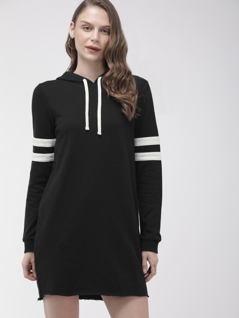 

FOREVER 21 Women Black Solid Hooded Sweater Dress