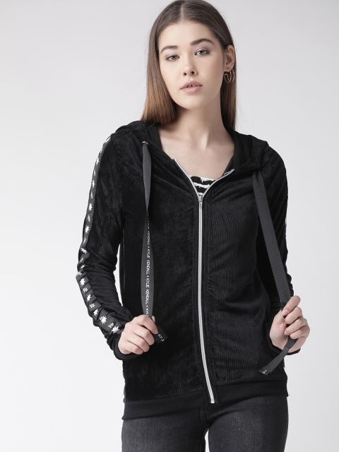 

FOREVER 21 Women Black Ribbed Hooded Sweatshirt With Velvet Finish