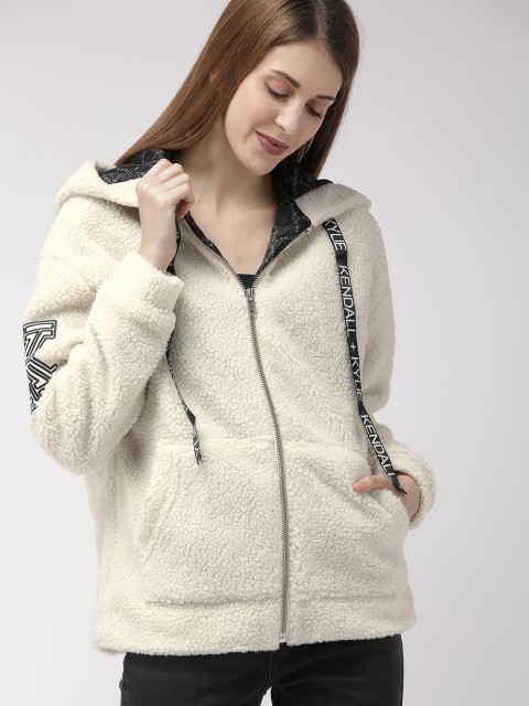 

FOREVER 21 Women White Self Design Hooded Kendall + Kylie Faux Fur Sweatshirt