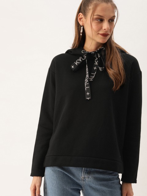 

FOREVER 21 Women Black Solid Hooded Sweatshirt