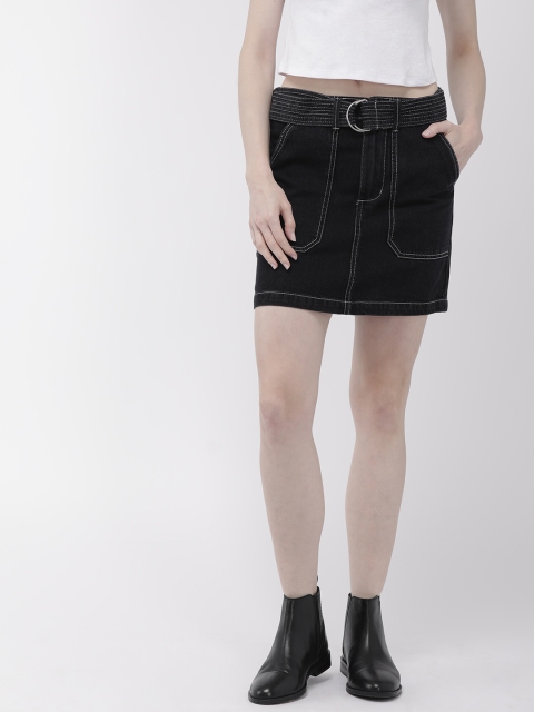 

FOREVER 21 Women Black Solid Denim Straight Skirt