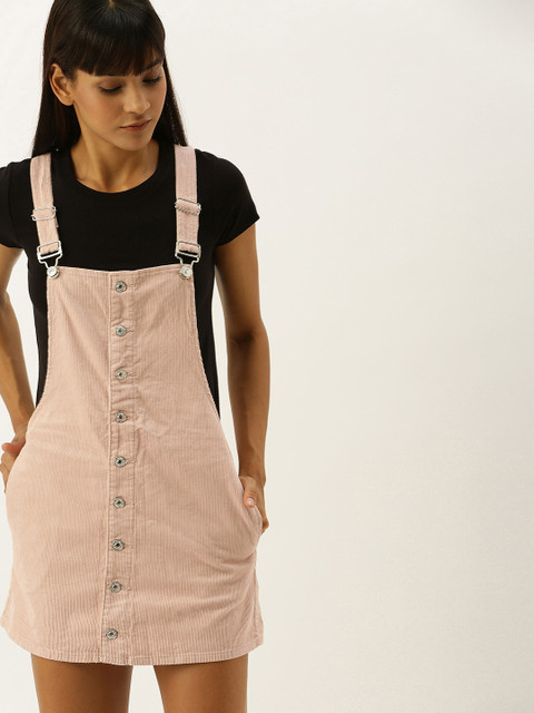 

FOREVER 21 Women Pink Solid Corduroy Pinafore Dress With Button Detailing