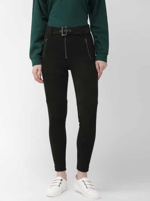 

FOREVER 21 Women Black Solid Treggings With Belt Detailing