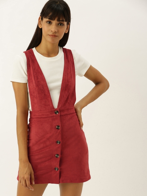 

FOREVER 21 Women Rust Red Solid Suede Pinafore Dress