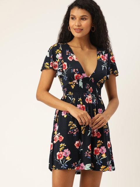 

FOREVER 21 Women Navy Blue & Pink Printed Fit and Flare Dress