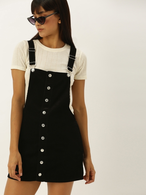 

FOREVER 21 Women Black Solid Pinafore Corduroy Dress