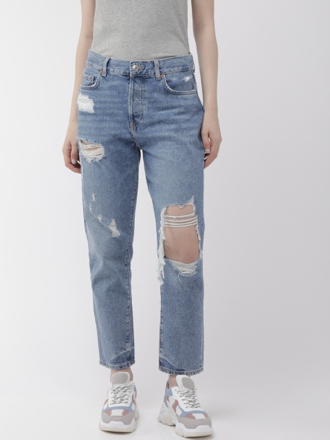 

FOREVER 21 Women Blue Regular Fit Mid-Rise Highly Distressed Jeans