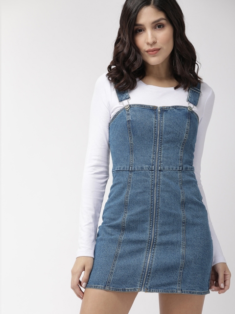 

FOREVER 21 Women Blue Solid Denim Pinafore Dress