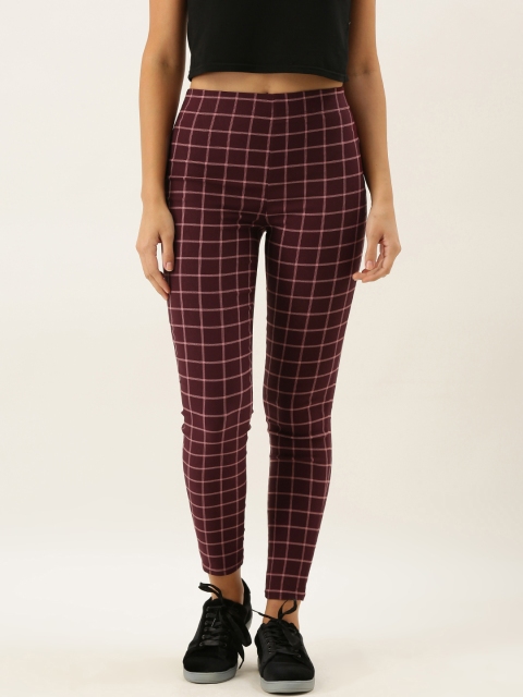 

FOREVER 21 Women Burgundy & Pink Skinny Fit Checked Treggings