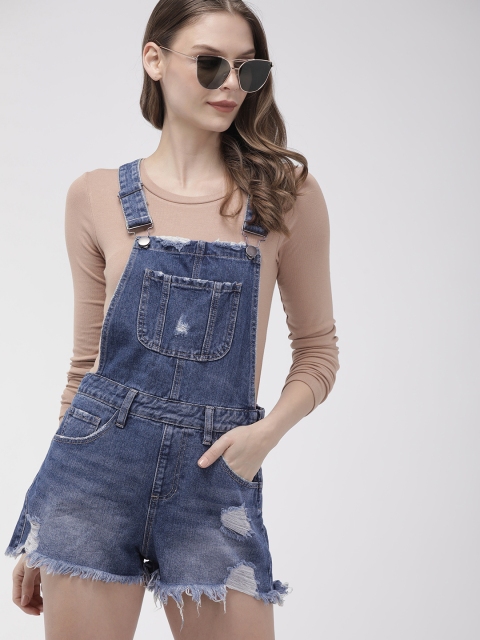 

FOREVER 21 Women Blue Washed Distressed Denim Jumpsuit