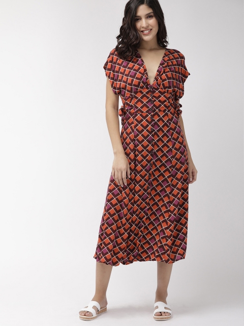 

FOREVER 21 Women Orange & Burgundy Printed A-Line Midi Dress